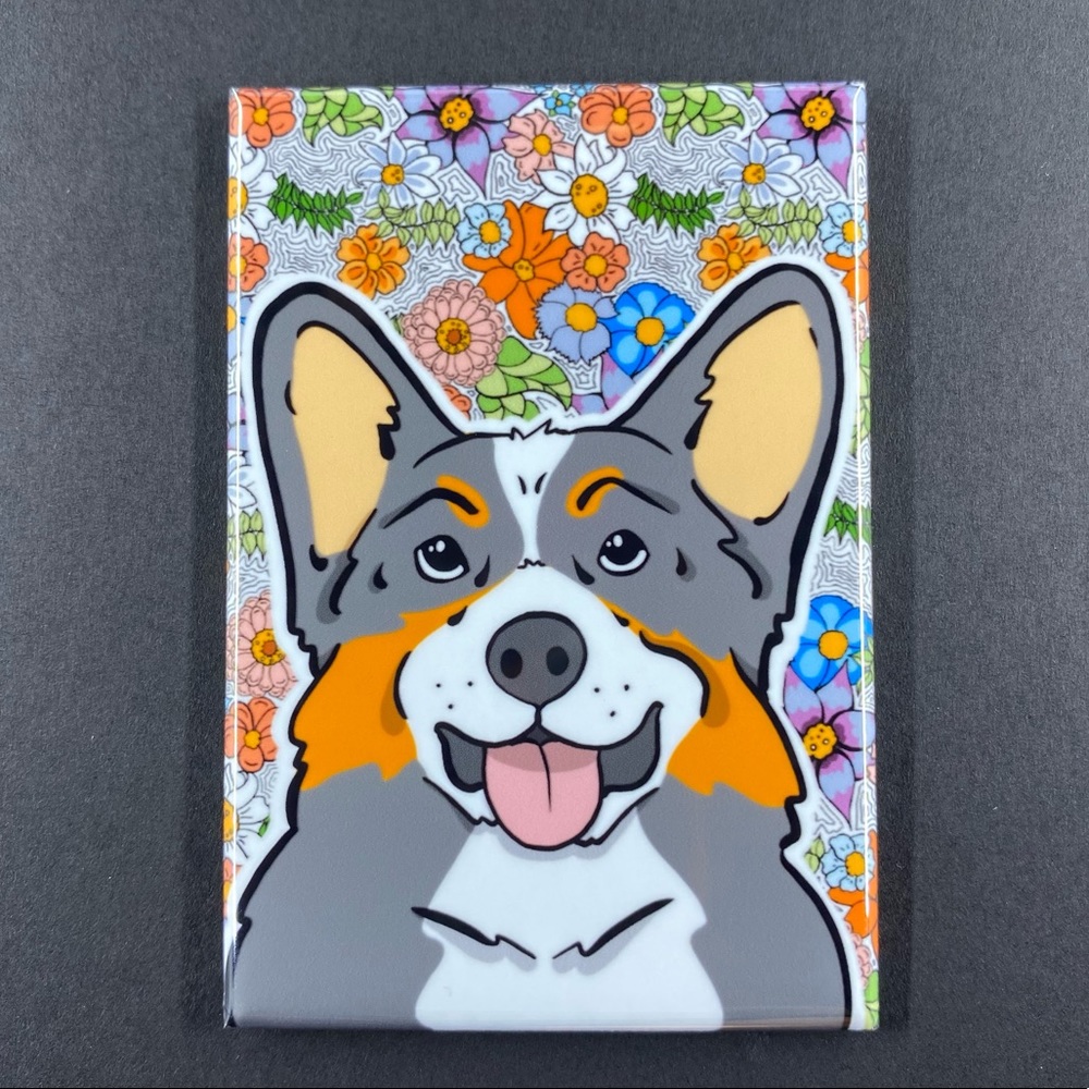 Black Tricolor Welsh Corgi Dog Retro Flower Magnet Handmade Kitchen Decor